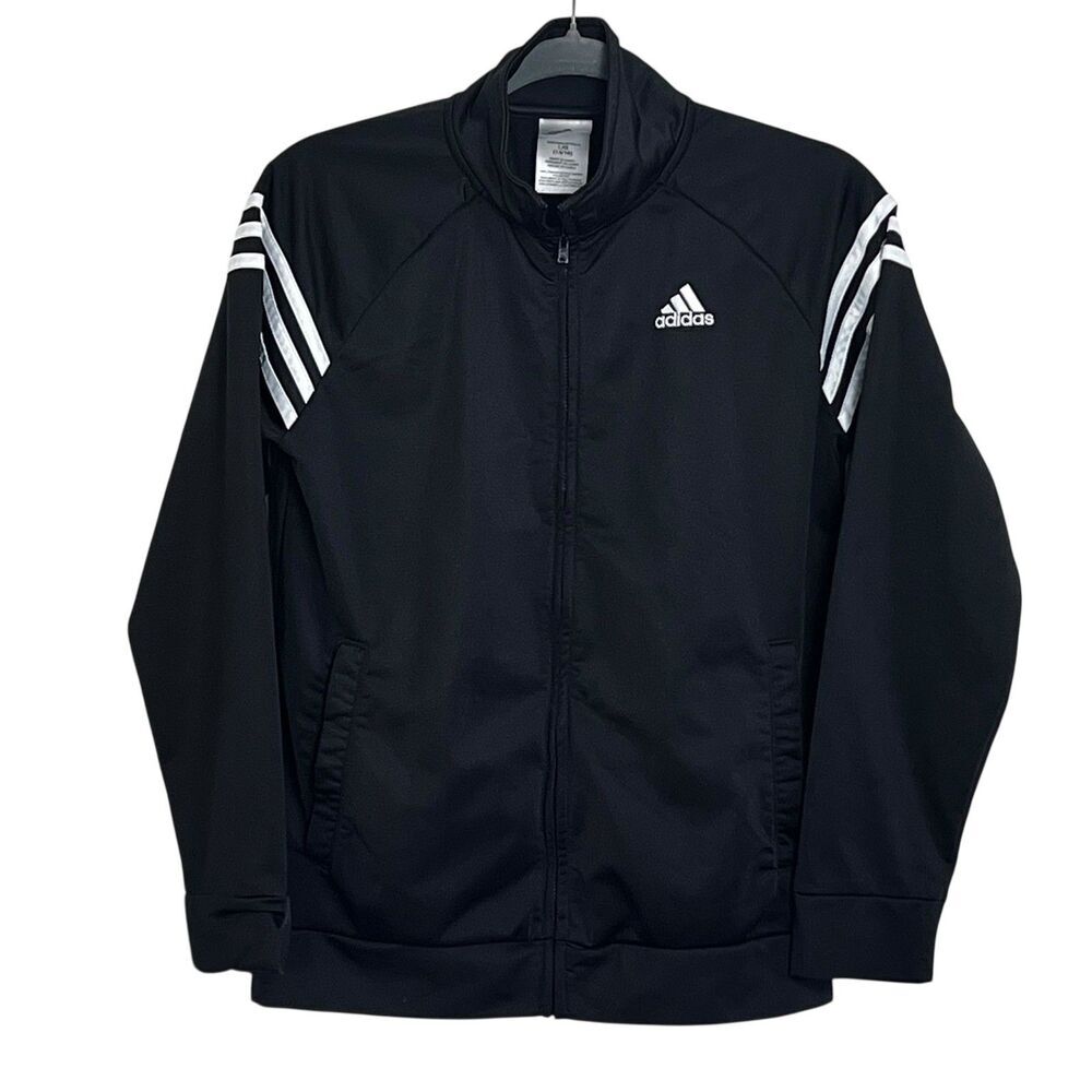 Kids Adidas Black Track Jacket Zip Up‎ White 3 Stripe Size 14-16 Large